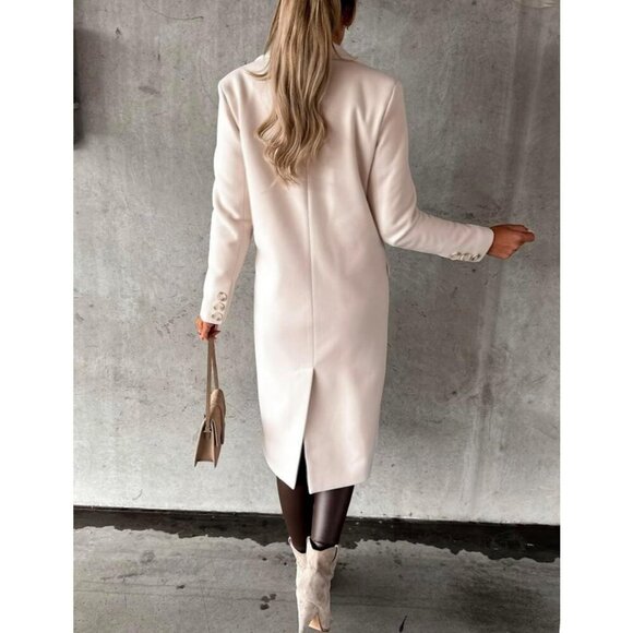 Women's Beige Long Wool Double-Breasted Trench Coat for Fall and Winter - Picture 4 of 4